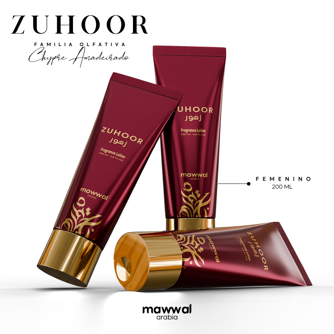 Kit Feminino Zuhoor Mawwal Arábia – Perfume, Hidratante Corporal e Spray