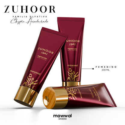 Kit Feminino Zuhoor Mawwal Arábia – Perfume, Hidratante Corporal e Spray