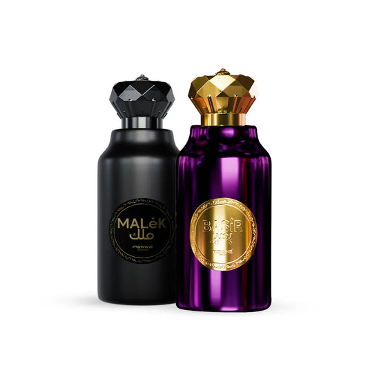 Perfume Basir feminino e Perfume Malek Compartilhável | Mawwal Arabia 100ml Eau de Parfum — frasco roxo dourado