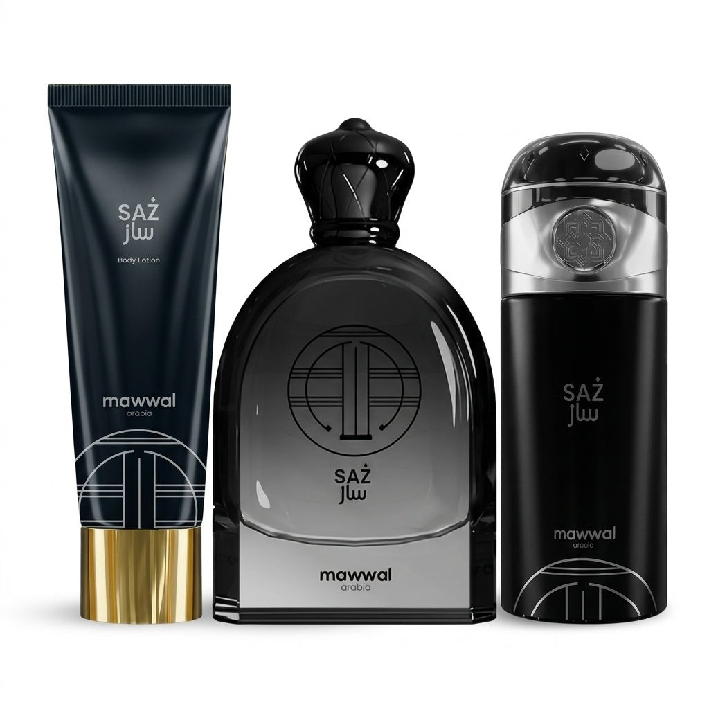 Kit Completo Saz Masculino — Perfume + Spray + Creme - Mawwal Arábia Brasil
